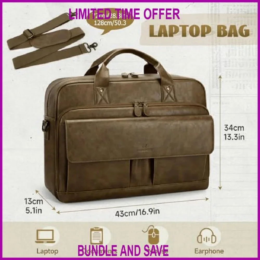 15.6 Inch PU Leather Messenger Bag with Laptop Compartment & Luggage Strap